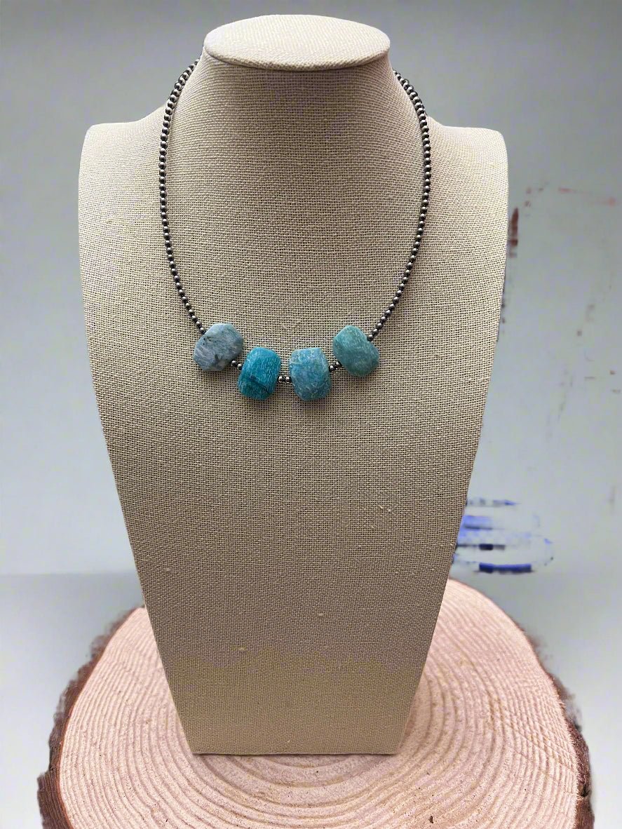 3mm Sterling Pearls and Peruvian Amazonite - 14 inch choker - Cowhide and Conchos