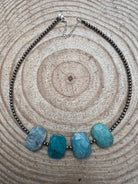 3mm Sterling Pearls and Peruvian Amazonite - 14 inch choker - Cowhide and Conchos