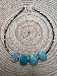 3mm Sterling Pearls and Peruvian Amazonite - 14 inch choker - Cowhide and Conchos