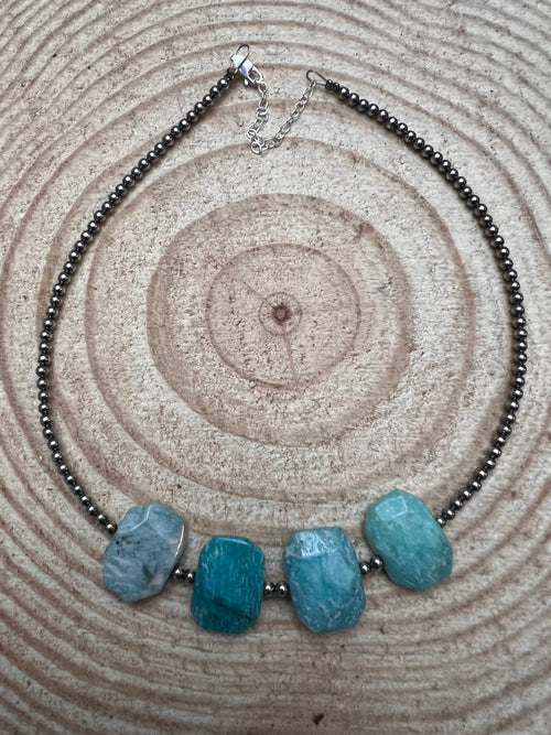 3mm Sterling Pearls and Peruvian Amazonite - 14 inch choker - Cowhide and Conchos
