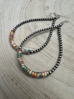 3mm Sterling Silver Pearl Teardrop with Orange Spiny Oyster/Turquoise Earrings - 4 inch drop - Cowhide and Conchos