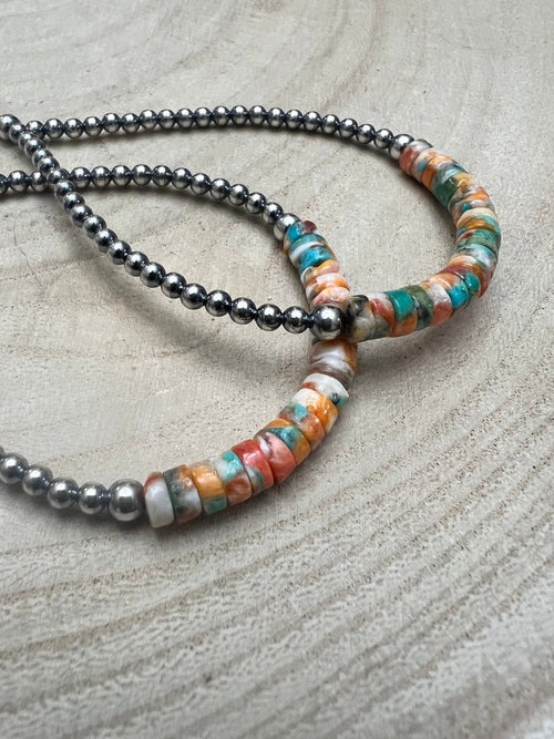 3mm Sterling Silver Pearl Teardrop with Orange Spiny Oyster/Turquoise Earrings - 4 inch drop - Cowhide and Conchos