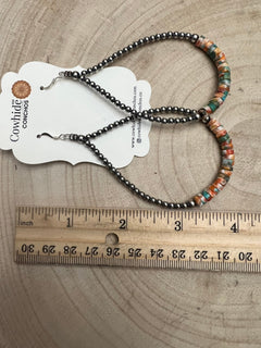 3mm Sterling Silver Pearl Teardrop with Orange Spiny Oyster/Turquoise Earrings - 4 inch drop - Cowhide and Conchos