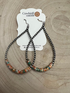 3mm Sterling Silver Pearl Teardrop with Orange Spiny Oyster/Turquoise Earrings - 4 inch drop - Cowhide and Conchos