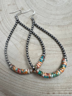 3mm Sterling Silver Pearl Teardrop with Orange Spiny Oyster/Turquoise Earrings - 4 inch drop - Cowhide and Conchos