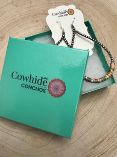 3mm Sterling Silver Pearl Teardrop with Orange Spiny Oyster/Turquoise Earrings - 4 inch drop - Cowhide and Conchos