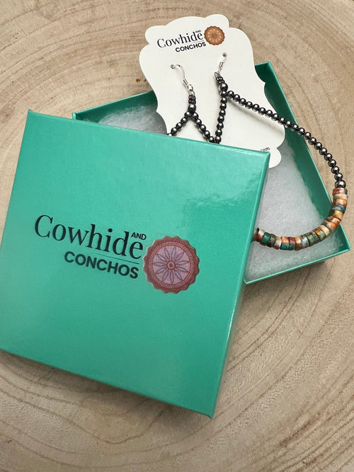 3mm Sterling Silver Pearl Teardrop with Orange Spiny Oyster/Turquoise Earrings - 4 inch drop - Cowhide and Conchos