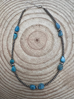 3mm sterling silver pearls choker with Blue Turquoise - 14 inch - Cowhide and Conchos