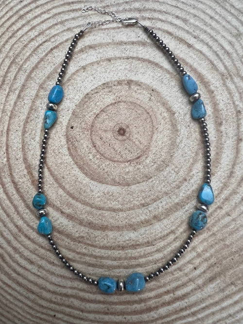 3mm sterling silver pearls choker with Blue Turquoise - 14 inch - Cowhide and Conchos