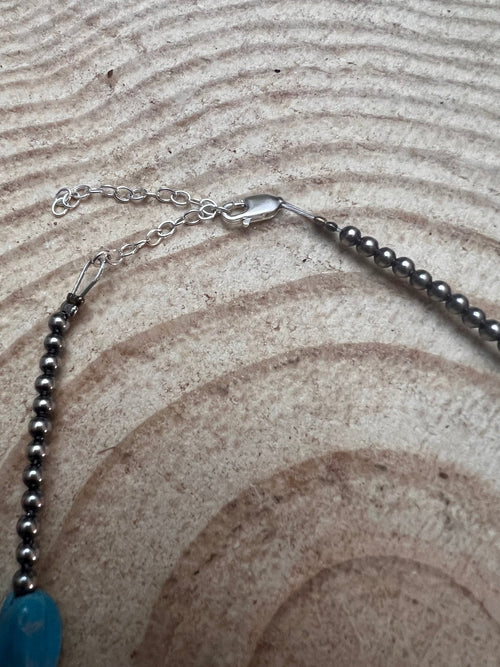 3mm sterling silver pearls choker with Blue Turquoise - 14 inch - Cowhide and Conchos