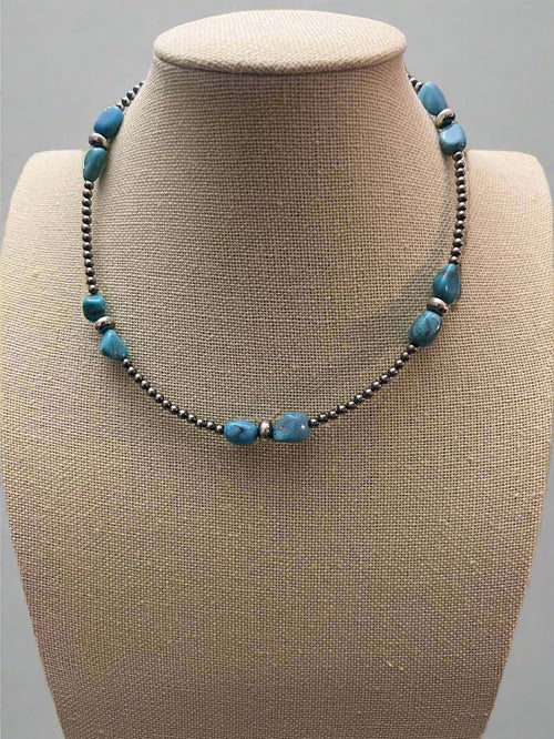 3mm sterling silver pearls choker with Blue Turquoise - 14 inch - Cowhide and Conchos
