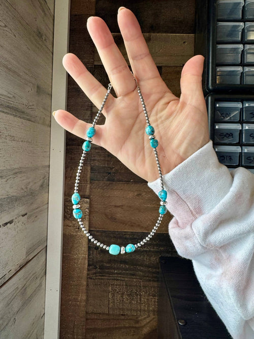 3mm sterling silver pearls choker with Blue Turquoise - 14 inch - Cowhide and Conchos