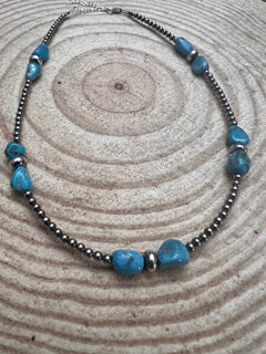 3mm sterling silver pearls choker with Blue Turquoise - 14 inch - Cowhide and Conchos