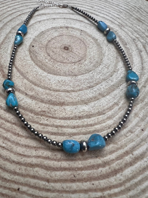 3mm sterling silver pearls choker with Blue Turquoise - 14 inch - Cowhide and Conchos