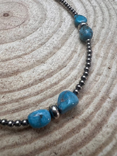 3mm sterling silver pearls choker with Blue Turquoise - 14 inch - Cowhide and Conchos