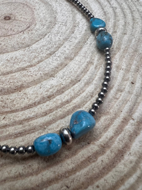 3mm sterling silver pearls choker with Blue Turquoise - 14 inch - Cowhide and Conchos