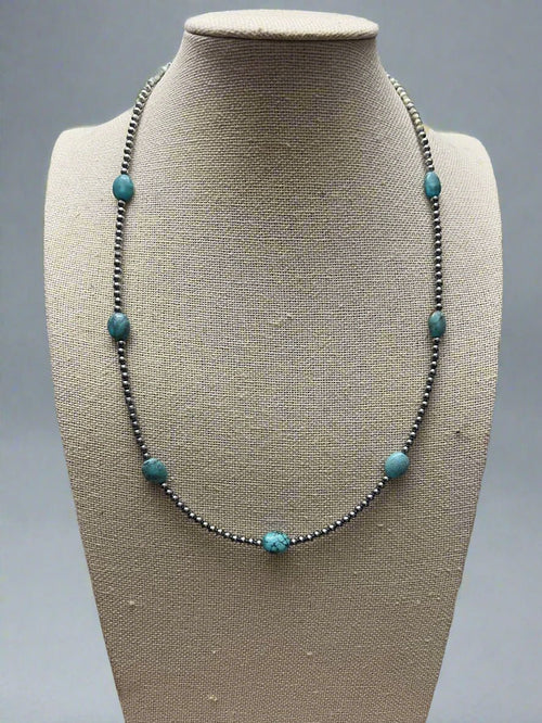 3mm Sterling Silver Pearls & High - Grade Oval Turquoise - 21 inch - Cowhide and Conchos