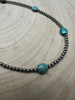 3mm Sterling Silver Pearls & High - Grade Oval Turquoise - 21 inch - Cowhide and Conchos