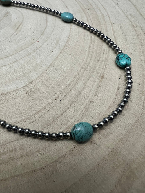 3mm Sterling Silver Pearls & High - Grade Oval Turquoise - 21 inch - Cowhide and Conchos