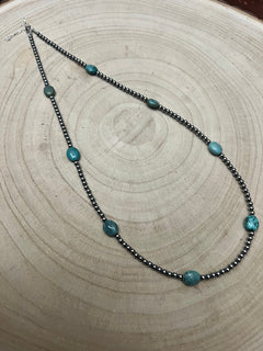 3mm Sterling Silver Pearls & High - Grade Oval Turquoise - 21 inch - Cowhide and Conchos