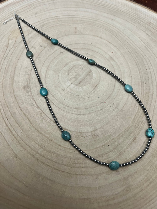 3mm Sterling Silver Pearls & High - Grade Oval Turquoise - 21 inch - Cowhide and Conchos