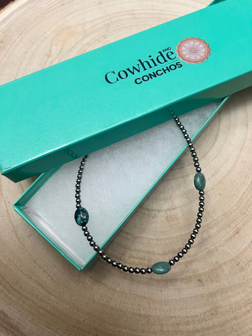 3mm Sterling Silver Pearls & High - Grade Oval Turquoise - 21 inch - Cowhide and Conchos