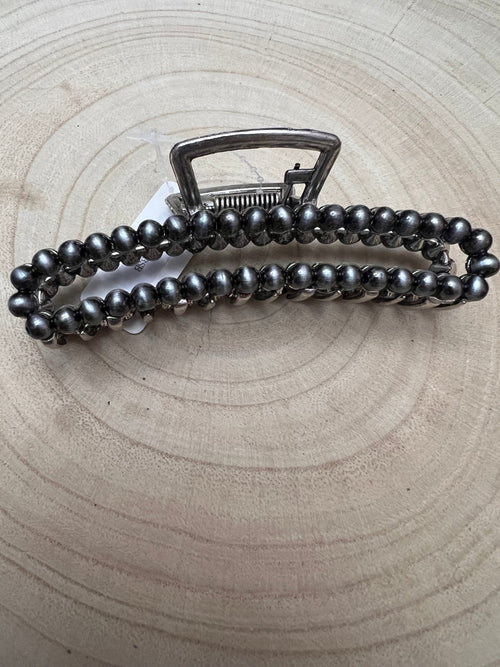 4.25" Navajo Style Pearl Banana Hair Claw Clip - Cowhide and Conchos