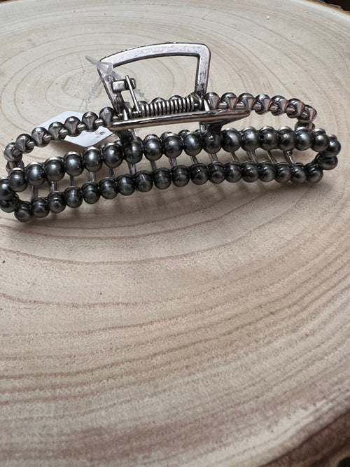 4.25" Navajo Style Pearl Banana Hair Claw Clip - Cowhide and Conchos