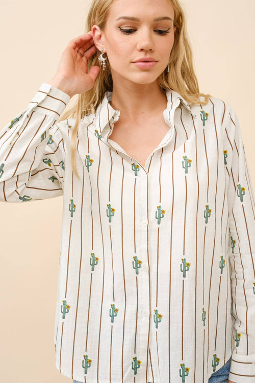 Western Cactus Stipe Print Button Up Shirt