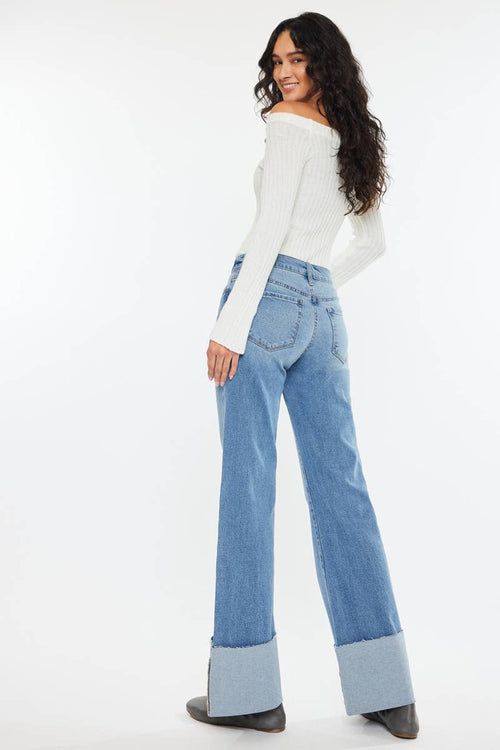 Kan Can Mid Rise Wide Flare Cuff Jeans