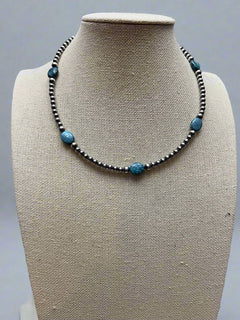 4mm & 5mm Sterling Pearl Turquoise Choker - 15 inch - Cowhide and Conchos