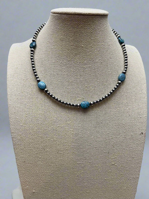 4mm & 5mm Sterling Pearl Turquoise Choker - 15 inch - Cowhide and Conchos
