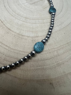 4mm & 5mm Sterling Pearl Turquoise Choker - 15 inch - Cowhide and Conchos