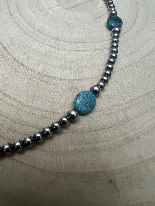 4mm & 5mm Sterling Pearl Turquoise Choker - 15 inch - Cowhide and Conchos