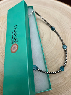 4mm & 5mm Sterling Pearl Turquoise Choker - 15 inch - Cowhide and Conchos