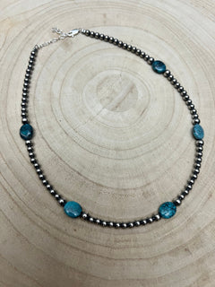 4mm & 5mm Sterling Pearl Turquoise Choker - 15 inch - Cowhide and Conchos