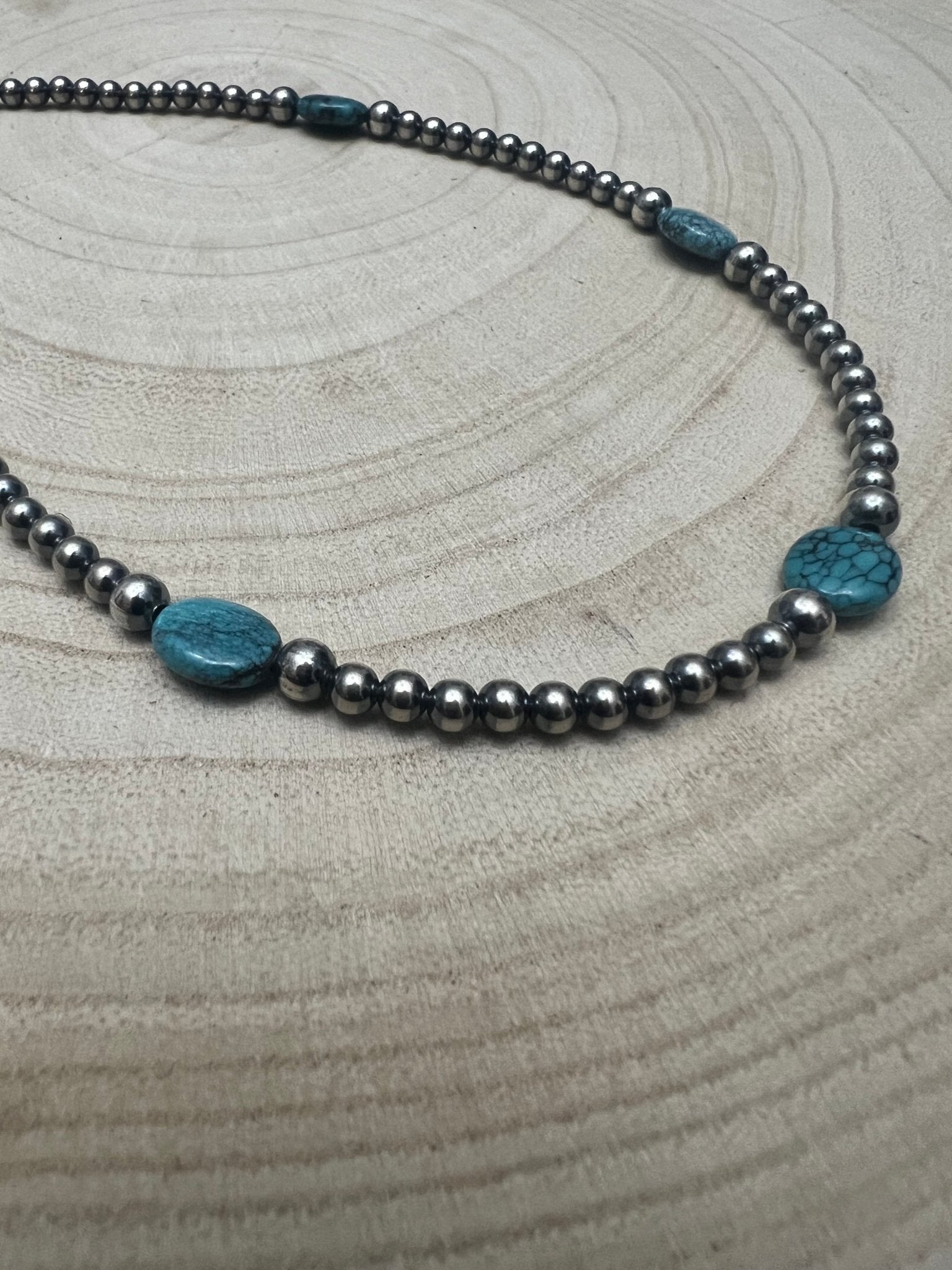 4mm & 5mm Sterling Pearl Turquoise Choker - 15 inch - Cowhide and Conchos
