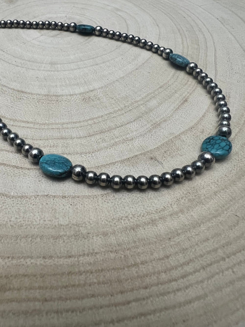 4mm & 5mm Sterling Pearl Turquoise Choker - 15 inch - Cowhide and Conchos