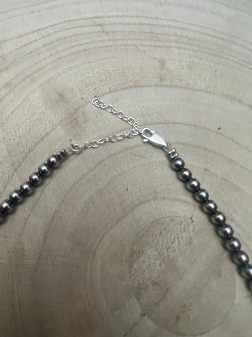 4mm & 5mm Sterling Pearl Turquoise Choker - 15 inch - Cowhide and Conchos