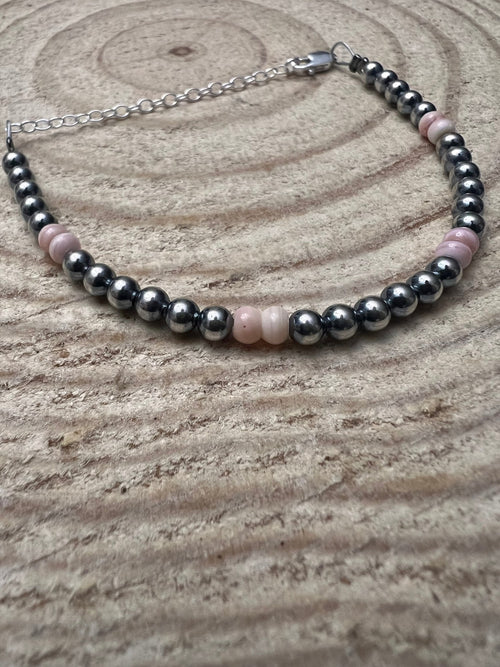 4mm Sterling Pearl and Pink Conch Bracelet - Cowhide and Conchos