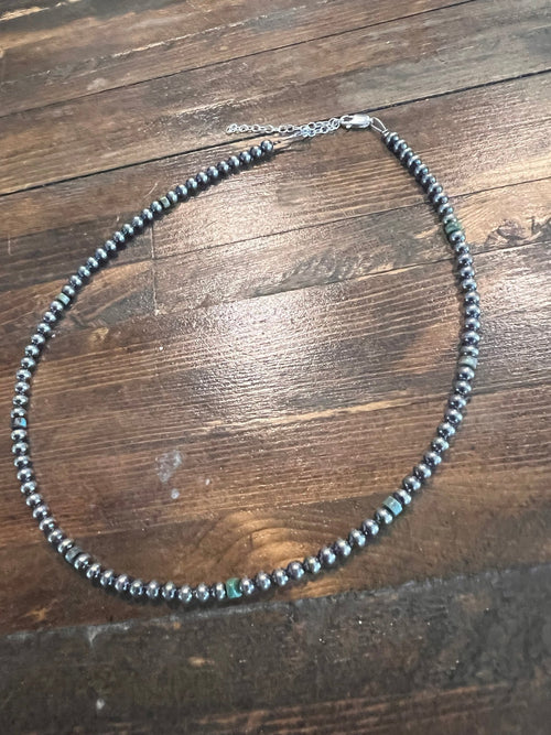 4mm Sterling Pearl and turquoise choker - 14 inch - Cowhide and Conchos
