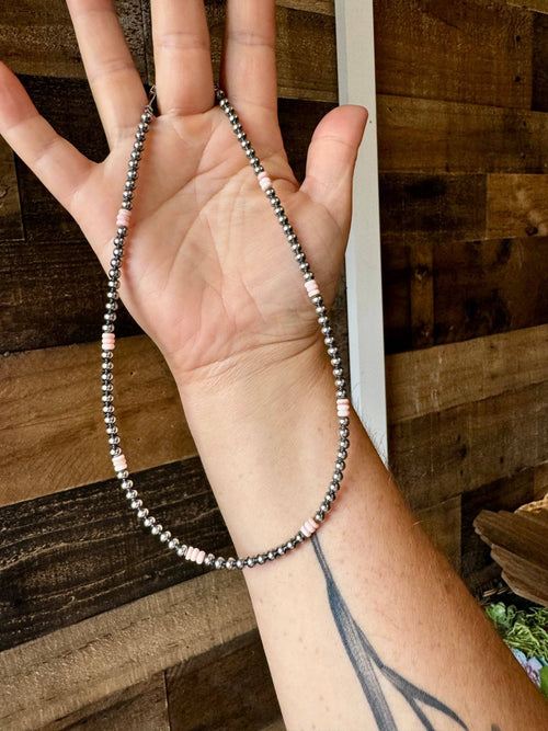 4mm Sterling Pearl choker with pink conch - Cowhide and Conchos