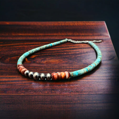 4mm Sterling Pearls and Spiny Oyster - The Vibrant Choker - Cowhide and Conchos