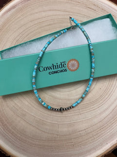 4mm Sterling Pearls and Sterling Saucer Accent Bead Choker - 14 inch - Cowhide and Conchos