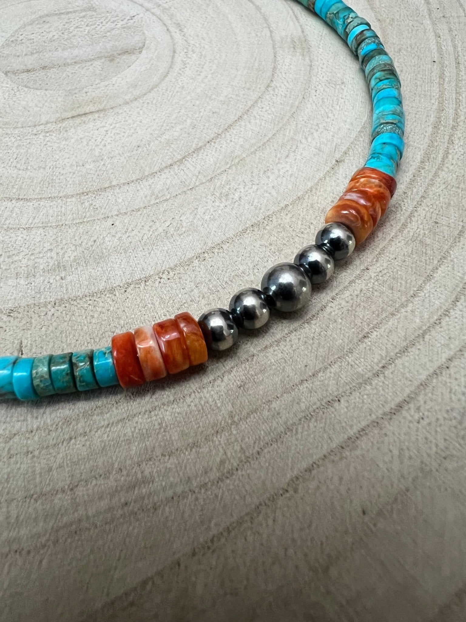 4mm Sterling Pearls, Variscite Turquoise and Spiny Oyster - The Vibrant Choker - Cowhide and Conchos
