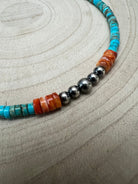 4mm Sterling Pearls, Variscite Turquoise and Spiny Oyster - The Vibrant Choker - Cowhide and Conchos