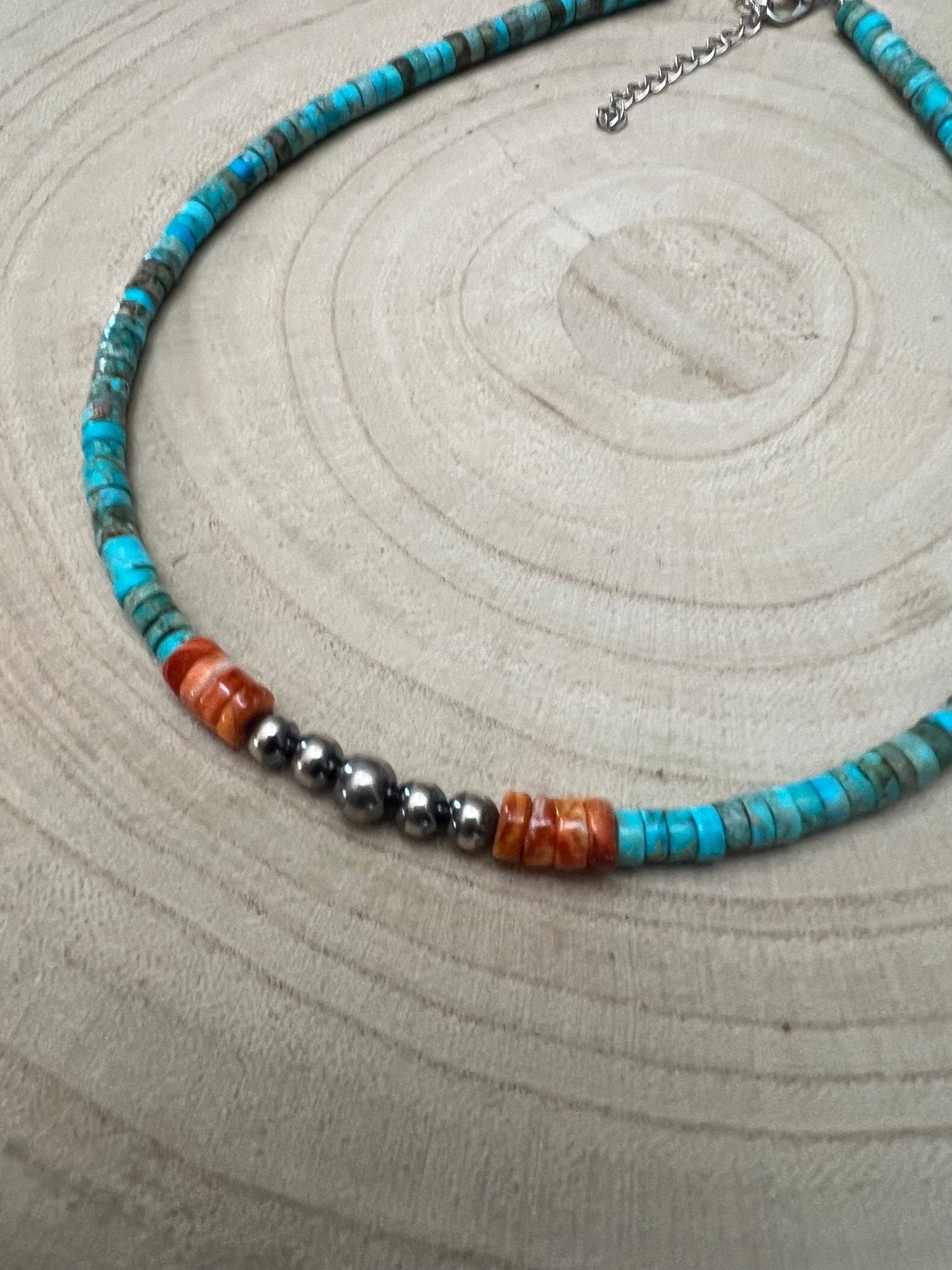 4mm Sterling Pearls, Variscite Turquoise and Spiny Oyster - The Vibrant Choker - Cowhide and Conchos