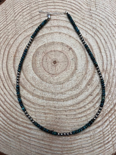 4mm Sterling Silver Pearls and turquoise - Darker blue - 17 inch long + 3 - Cowhide and Conchos