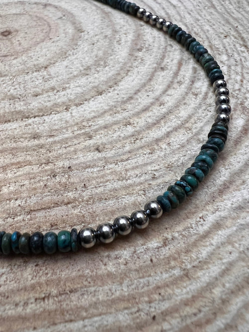 4mm Sterling Silver Pearls and turquoise - Darker blue - 17 inch long + 3 - Cowhide and Conchos