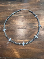 4mm White Buffalo and Sterling Pearl Choker - 14 inch - Cowhide and Conchos